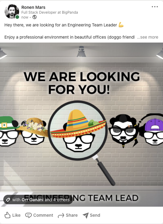 rbv's tweet photo. Hey there, we are looking for an Engineering Team Leader 
Enjoy a professional environment in beautiful offices (doggo friendly 🐶), engage with a rich community 💫, evolve yourself ongoing, and having a good time 🌟

If you're into it, DM me or send your CV to ronen@bigpanda.io https://t.co/7XAkzCHZDp