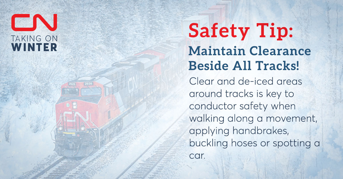 CNRailway's tweet photo. Keep area around tracks clear! We’re #TakingOnWinter! Follow @CNRailway for weekly #WinterSafety tips or visit https://t.co/tBByJb7EFO https://t.co/eovJgucw1X