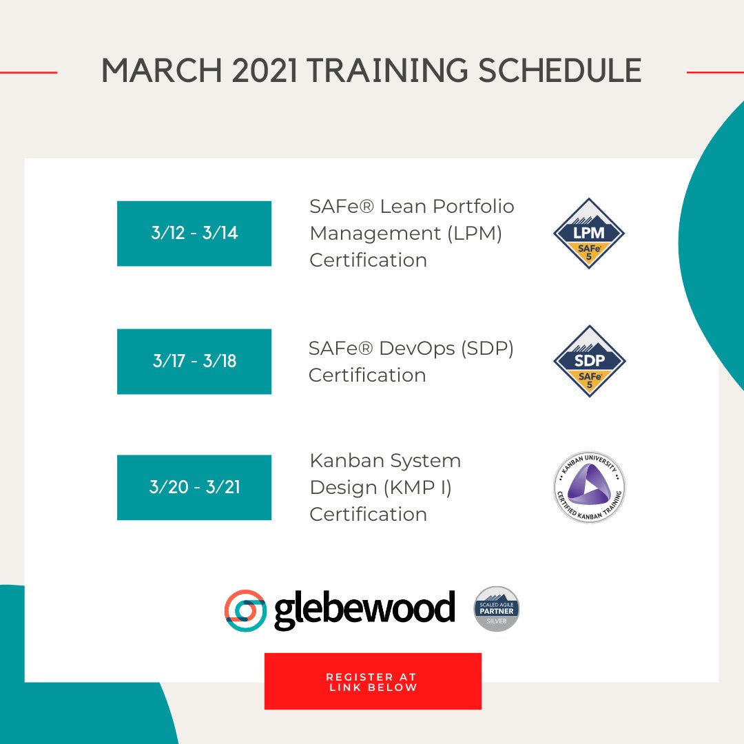 glebewood's tweet photo. We are excited to offer three certification courses this March. These courses are guaranteed to run, so sign up now!

Claim your seat by registering at: https://t.co/OMfI2tnZpn #agile #kanban #leanportfoliomanagement #SAFeDevOps #kanbandesign #scaledagile https://t.co/0V7gvq0sy2