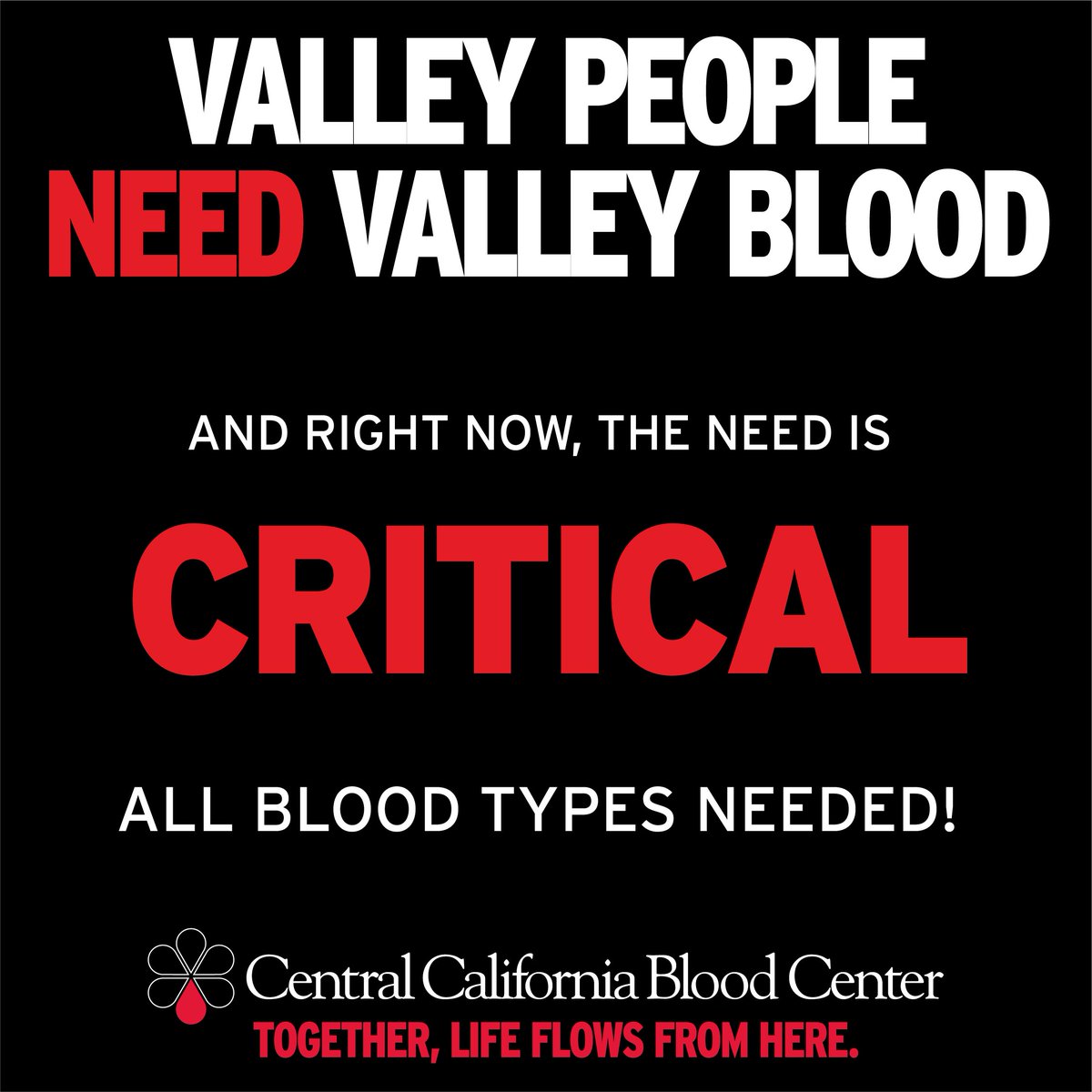 CenCABlood's tweet photo. The need for blood has hit a CRITICAL level.

If you are healthy and able, please visit any donor center or mobile drive in your area to donate today.

Find a donor center in your area by visiting https://t.co/1mM2cF9UOj https://t.co/EcEUaEPcg7