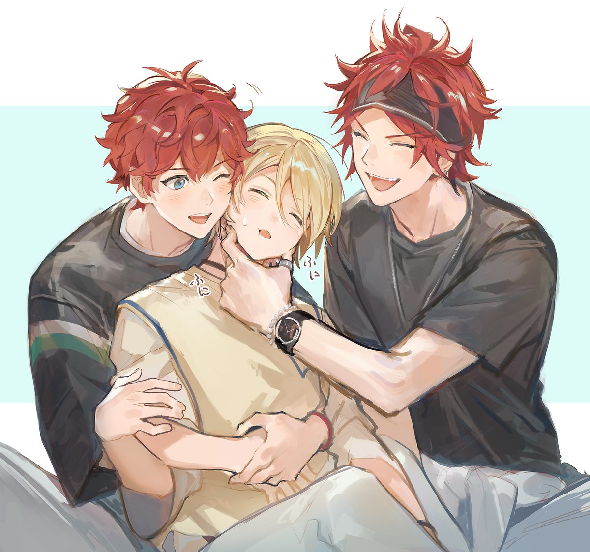 multiple boys red hair male focus 3boys headband closed eyes shirt  illustration images