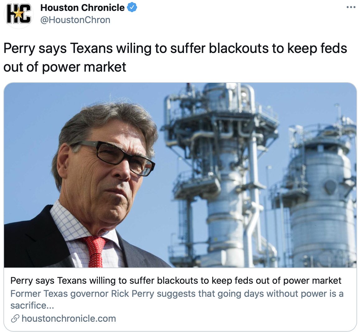 Perry provides a perfect example.  https://twitter.com/mjf_dfw/status/1362099478451265536When I was in the South I saw billboards that said something like, "Dear Government: Stop helping me. I can't afford it."Those unhinged from facts are good at propaganda because, well, they're unhinged from facts.5/