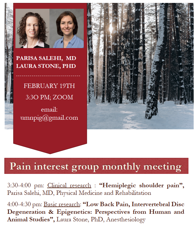 UMNanes's tweet photo. The next Pain Interest Group monthly meeting will be held on Friday, February 19th at 3:30 PM via Zoom.

For more information or questions: Please contact umnpig@gmail.com https://t.co/rs0nXJ7ACt