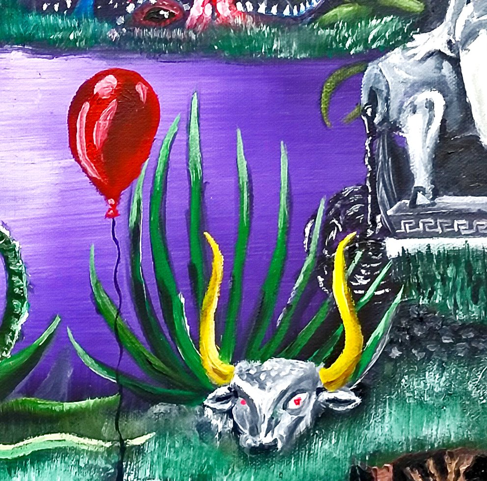 There's abit of symbolism in this piece yet I am still unaware of what it means, my style of painting is subconscious so it takes time for the message to become clear sometimes. Some notable things are the decapitated bull statue leaking oil, and the red balloon... /4