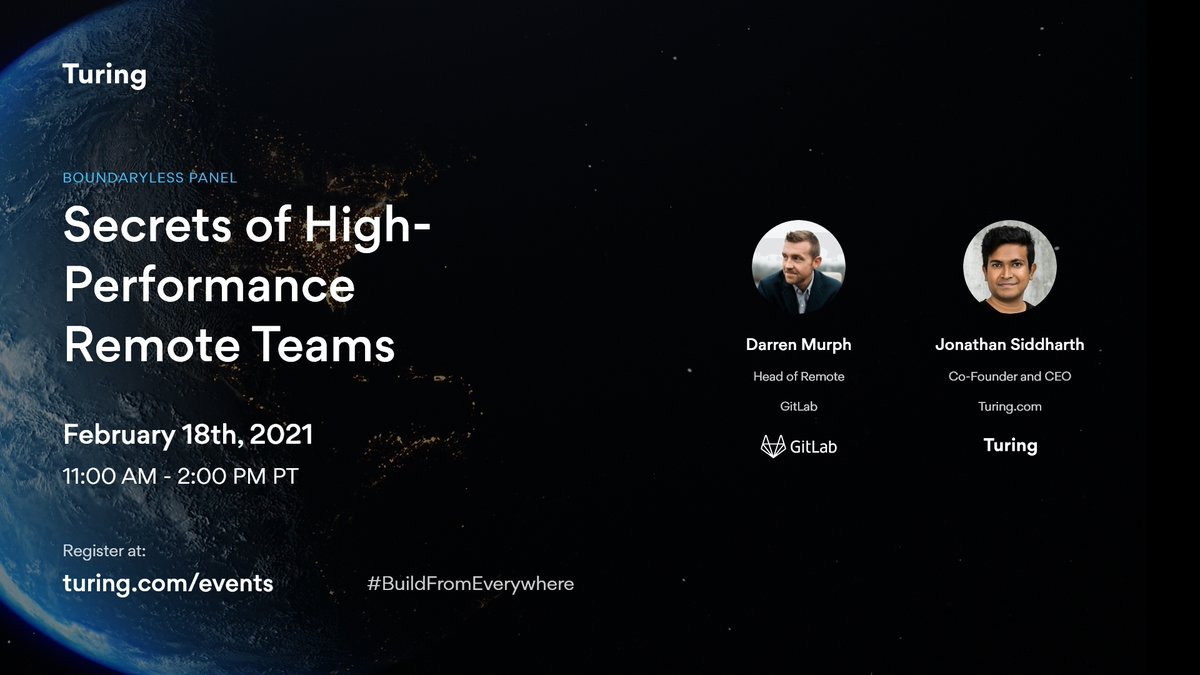 You won't want to miss this! 👀

Tomorrow, join <a href="/gitlab/">🦊 GitLab</a>'s Head of Remote <a href="/darrenmurph/">Darren Murph</a> in conversation with <a href="/turingcom/">Turing</a> Founder &amp; CEO <a href="/jonsidd/">Jonathan Siddharth</a> on the secrets of high-performance remote teams. 🙌

Last chance to register: ow.ly/8fGr50DCF7F