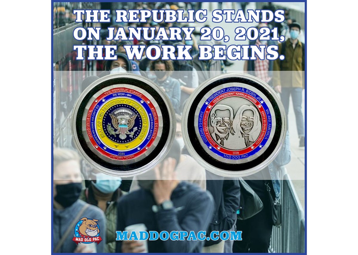 maddogpac's tweet photo. Man. We are so fortunate. The #OrangeDisaster is no longer destroying this nation. The Republic Stands. Celebrate with us.Get our #BidenHarris Victory Coin. The best challenge coin you'll ever own. Brass/Antique silver. Hand-painted.
https://t.co/wSMpMf8dEL https://t.co/cstujV6MB4