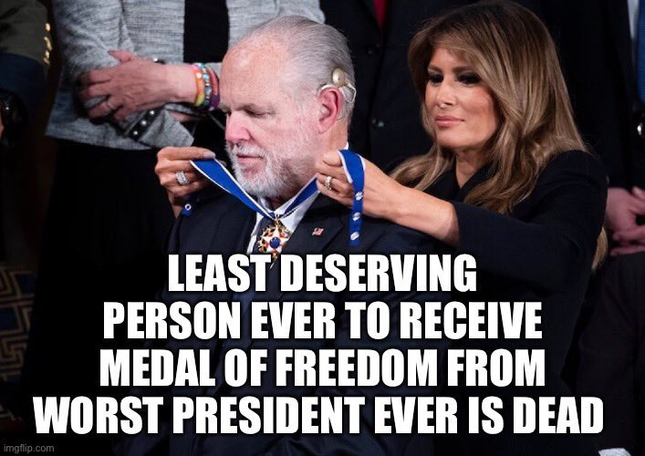 MEMcNellis's tweet photo. May you Burn in Hell #RacistRush. The medal was given to #RushLimbaugh as payment to spread the Lie for #GOPQ. His hateful #toxic voice is finally silent! #goodriddance https://t.co/PnmZZ8m9yK