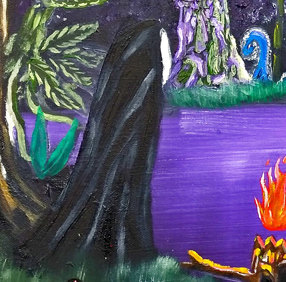 Ok, I feel I should mention 2 things; the Black Robed Figure and the Black Box. Both are a constant in these works. The Black Robed Figure is like a spirit of the forest, watching over the pool, but unable to move. It just observes and reacts through lights from its face-hole/8