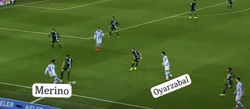 -Monreal is needed to stay wide. Through their positioning and disguised runs, Merino and Monreal are able to create space centrally for Oyarzabal to drift into and attack. From here, Oyarzabal is able to use his speed to beat his man and deliver crosses.