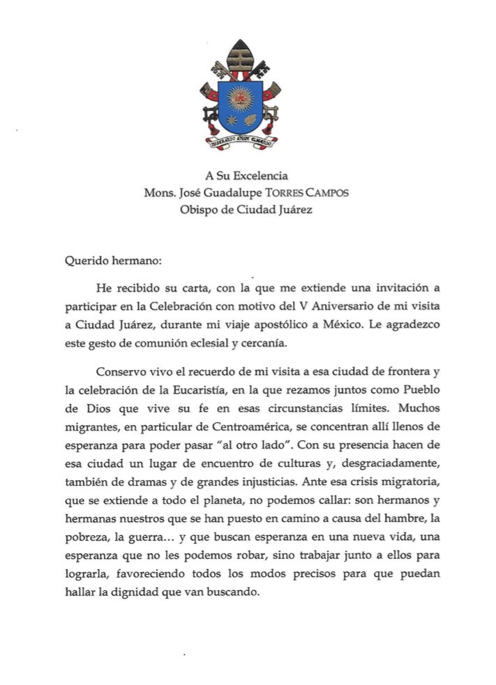 DiocesisCDJ's tweet photo. Carta del Papa Francisco a nuestro Obispo Mons. José Guadalupe Torres Campos con motivo del V Aniversario de la Visita de Su Santidad a Ciudad Juárez. @Pontifex_es @IglesiaMexico https://t.co/T8UVeo3TDu