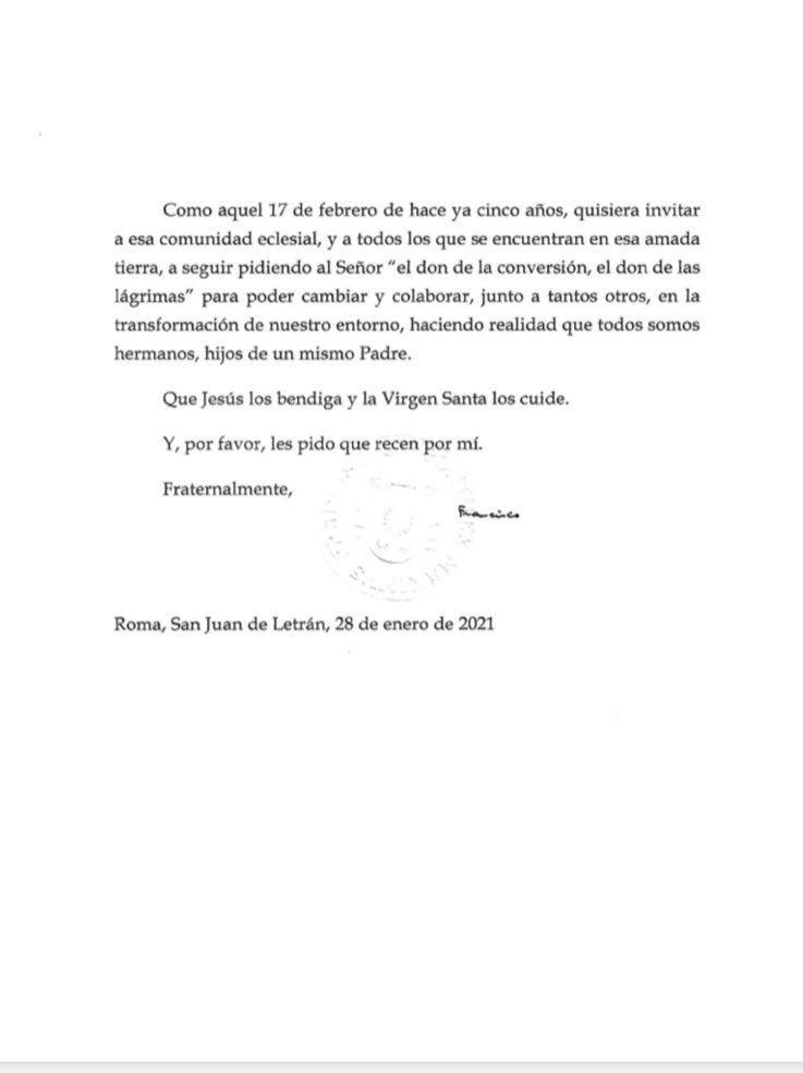 DiocesisCDJ's tweet photo. Carta del Papa Francisco a nuestro Obispo Mons. José Guadalupe Torres Campos con motivo del V Aniversario de la Visita de Su Santidad a Ciudad Juárez. @Pontifex_es @IglesiaMexico https://t.co/T8UVeo3TDu