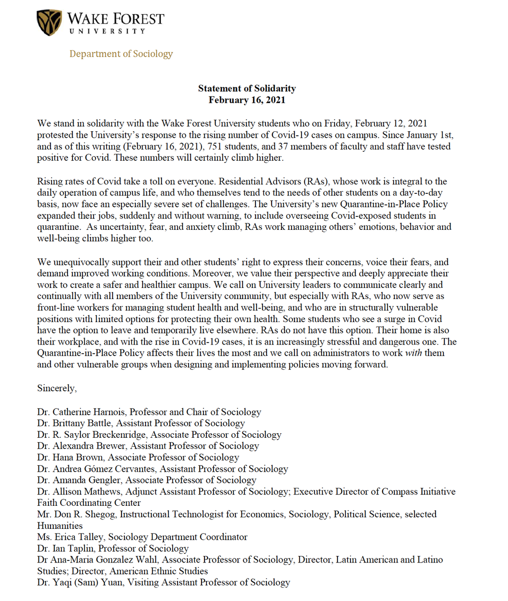 wfsocdept's tweet photo. A statement of solidarity with, and appreciation for, RA's and all students working to make @WakeForest a safer, healthier, and more equitable environment for living, working, and learning. https://t.co/R4AekU2Ugb