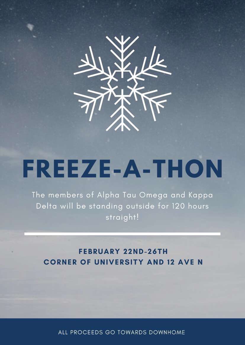 Freeze-A-Thon 2021 is next week! For 120 hours straight ATOs &amp; <a href="/SigmaPsiKD/">Kappa Delta - Sigma Psi Chapter</a> will be standing on the corner of 12th and University raising money for Down Home, a great local charity that helps homeless transition into homes. Stop by and donate or click the link in our bio!