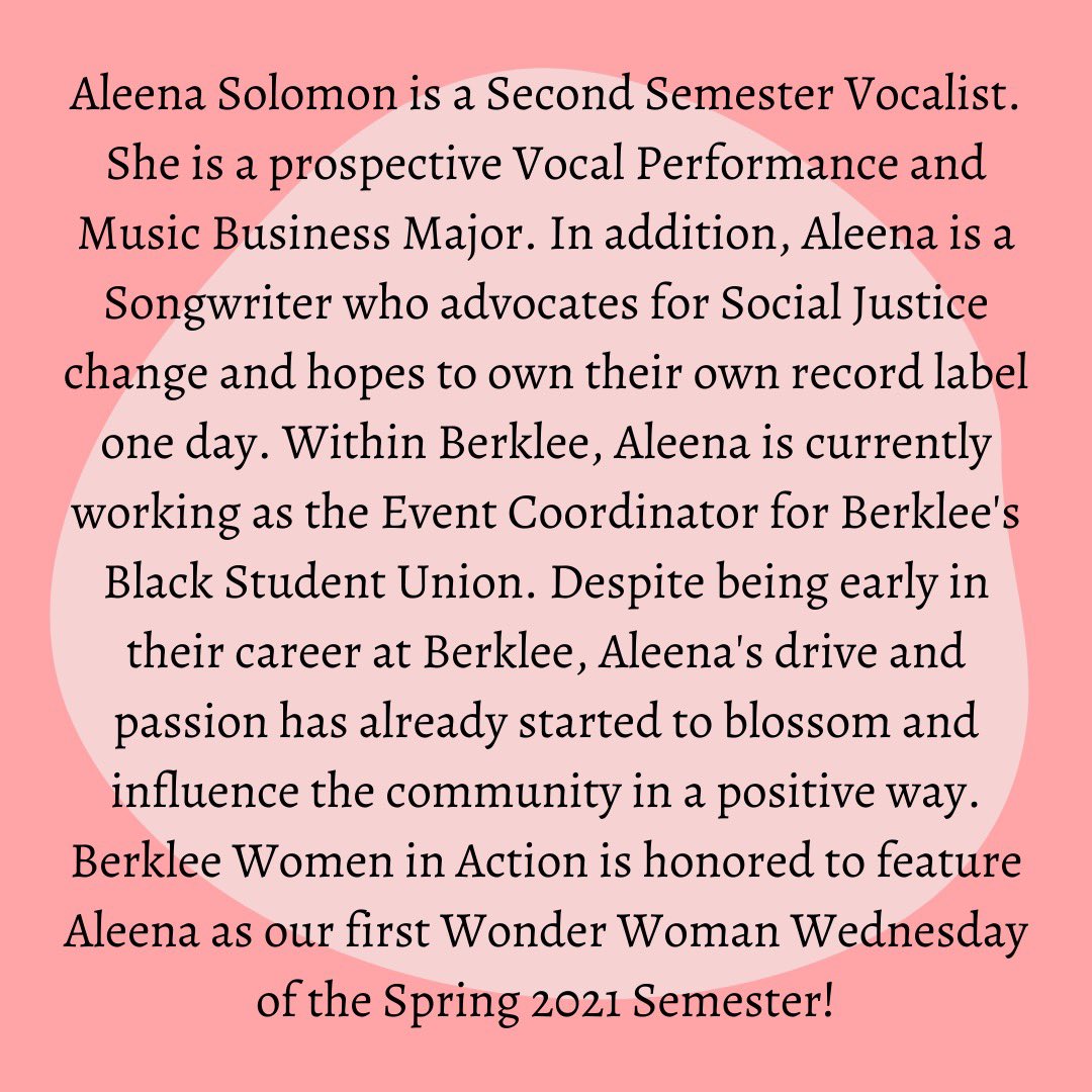 Berklee_BWA's tweet photo. Berklee Women in Action is honored to feature Aleena Solomon as our first #wonderwomanwednesday of the Spring 2021 Semester! Make sure to fill out our form to nominate another person you feel is killing the game.
.
.
.
#berklee #berkleebwa #www #berkleecollege https://t.co/nkYpC2sPcE