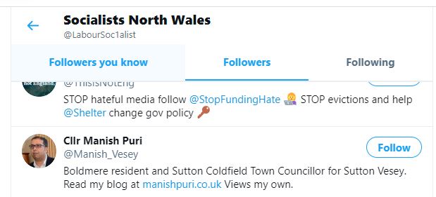Ok, back with some more good people who are unlucky enough to find themselves following an out and out Jew hate account.Over to Sutton Coldfield where  @Manish_Vesey is following our Jew hater.Maybe ask  @UKLabour Cllr Manish Puri why that is?