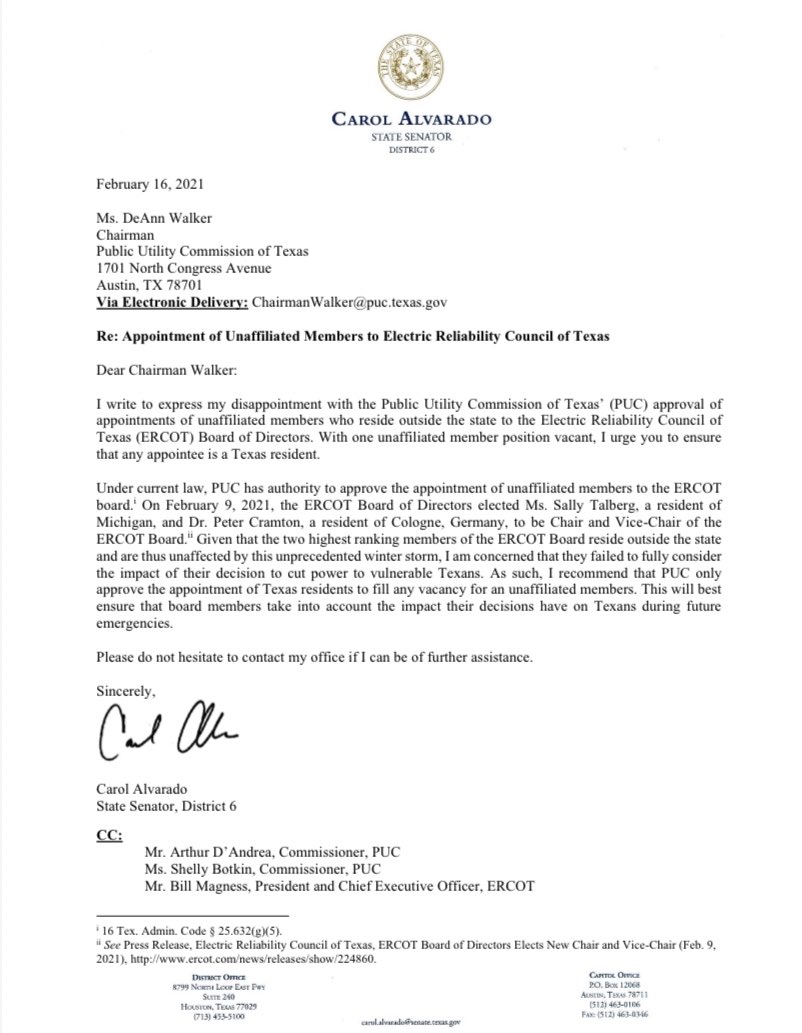 CarolforTexas's tweet image. I sent a letter to @PUCTX expressing disappointment that most of the 5 PUC appointed @ERCOT_ISO board members are not Texans &amp;amp; urging them to fill the current vacancy with a TX resident. Board members should understand the impact of their actions &amp;amp; must be held accountable.
