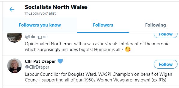 In Wigan we have  @UKLabour Cllr Pat Draper (again) following a Jew hate account.You could ask  @CllrDraper why, perhaps.