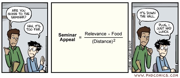 If there is a lab scenario that hasn’t been covered by  @PHDcomics then I would be amazedI am a big fan of the equation for seminar attendance #sciencehumour  #sciencecomics