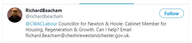In West Cheshire it turns out that  @UKLabour  @cwaclabour Cllr and Cabinet member  @richardbeacham also follows an obsessive Jew hating account.Ask him why.