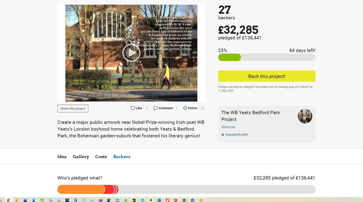 On our way but need to get to 100 pledges by nxt Fri26/02 to be eligible for <a href="/MayorofLondon/">Mayor of London, Sadiq Khan</a> major £pledge now we're validated as a #MakeLondon COVIDrecovery community project honouring <a href="/NobelPrize/">The Nobel Prize</a> poet #yeats in Arts+Crafts London suburb he grew up in: see tinyurl.com/yeats-pledge