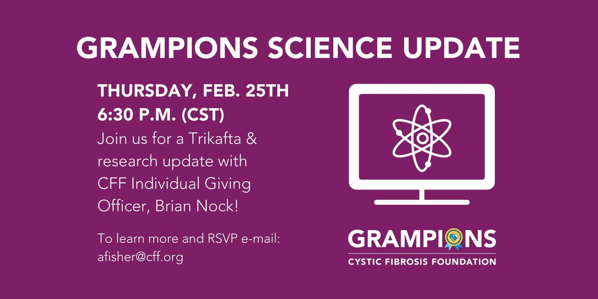 Calling all grandparents and grandpersons: Join us on Thursday, February 25th at 6:30pm CST for a Grampions Science Update hosted by CFF Grampions Chair, Dr. Norm Scarborough, and CFF Individual Giving Officer, Brian Nock.
For more information and to RSVP e-mail afisher@cff.org