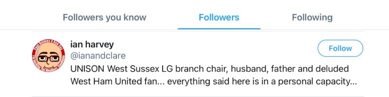 Our shout out to the unions continues here with  @unisontheunion West Sussex branch chair Ian Harvey  @ianandclare who finds himself following an anti-Jewish hate account but obviously had no intention to do so etc etc etc