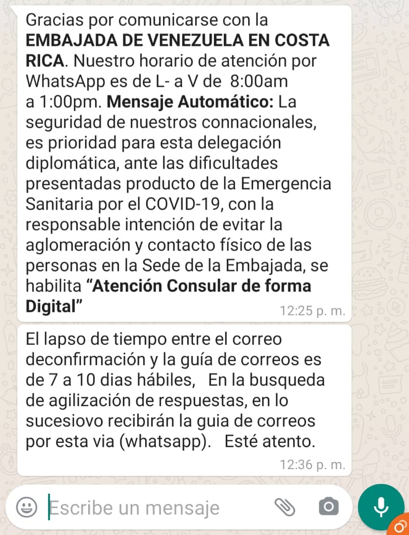 HadithGonzalez's tweet photo. @MariaFariaVE hace hoy 25 días inicie un trámite de la embajada, recién el jueves pasado me notificaron que sería enviado por correo, o sea 14 días hábiles, hoy aún no ha llegado nada, pregunto y recibo la segunda captura. O sea esperar 2 semanas más? Más de 1 mes de espera? https://t.co/g5FKflPtHi