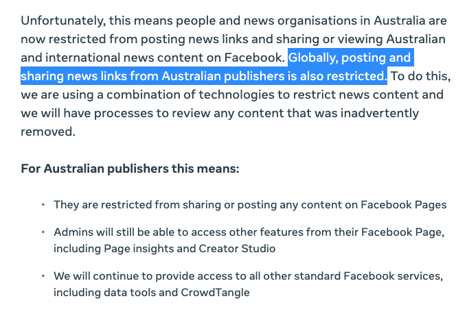 Facebook has also banned the ENTIRE WORLD from getting Australian news content. Holy shit.