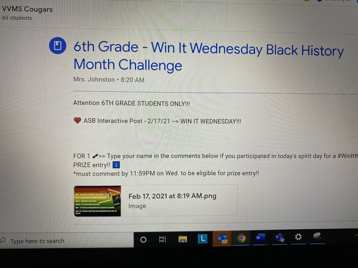 VistaverdeMs's tweet photo. Hey Cougars! Remember to comment in our VVMS Cougars Google Classroom for today’s Black History Month challenge!! All entries must be submitted by 11:59PM (PST)! ♥️💚🖤 #cougarpride #CougarsOnTASK #blackhistorymonth https://t.co/SiP2mBBUzd