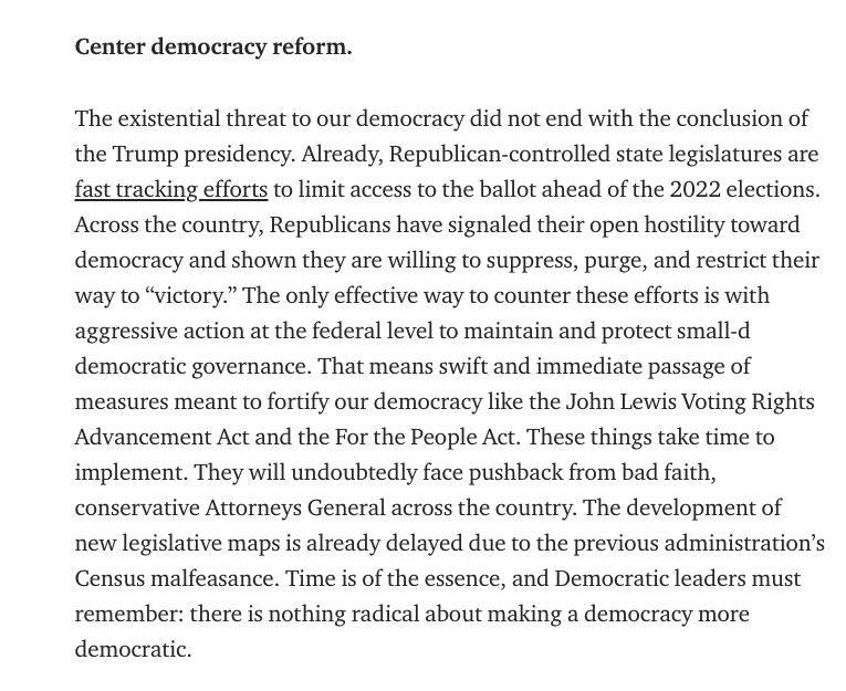 4/ For President Biden to be a resounding success in this time of crisis, Democrats MUST:  Legislate aggressively.  Center democracy reform. Reform the rules.