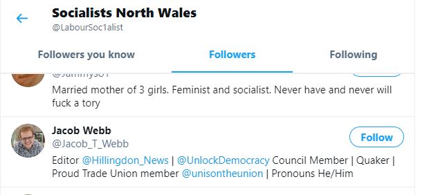 Well,  @unisontheunion is playing a blinder here because now along comes member and Quaker and all round good egg  @Jacob_T_Webb who is following a Jew hate account.Maybe ask Jacob why that is?