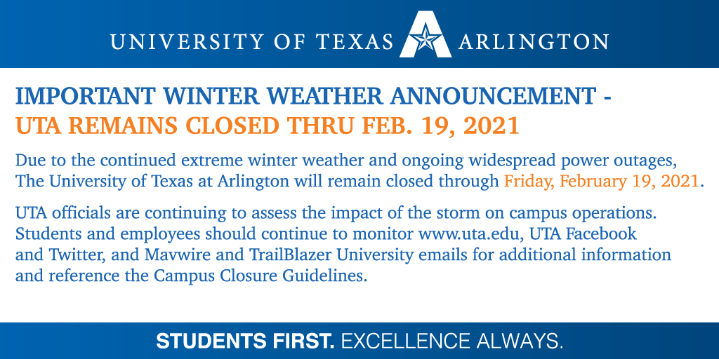 UTAStudentAccts's tweet photo. An important winter weather update from UTA. https://t.co/genOj18fHj