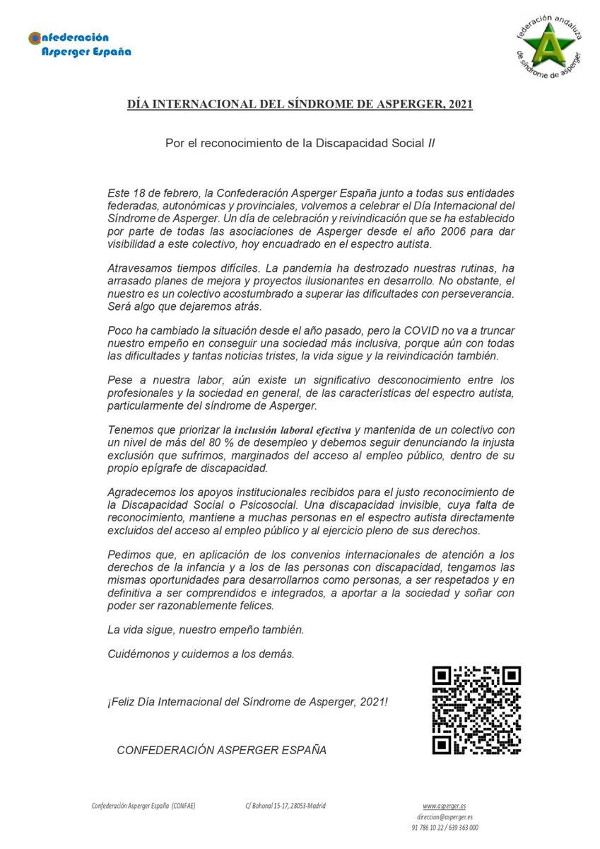 Manifiesto de <a href="/Asperger_Espana/">Asperger España</a> CONFAE
#DíaInternacionalAsperger por el reconocimiento de la #DiscapacidadSocial #18Feb #Asperger #18Febrero