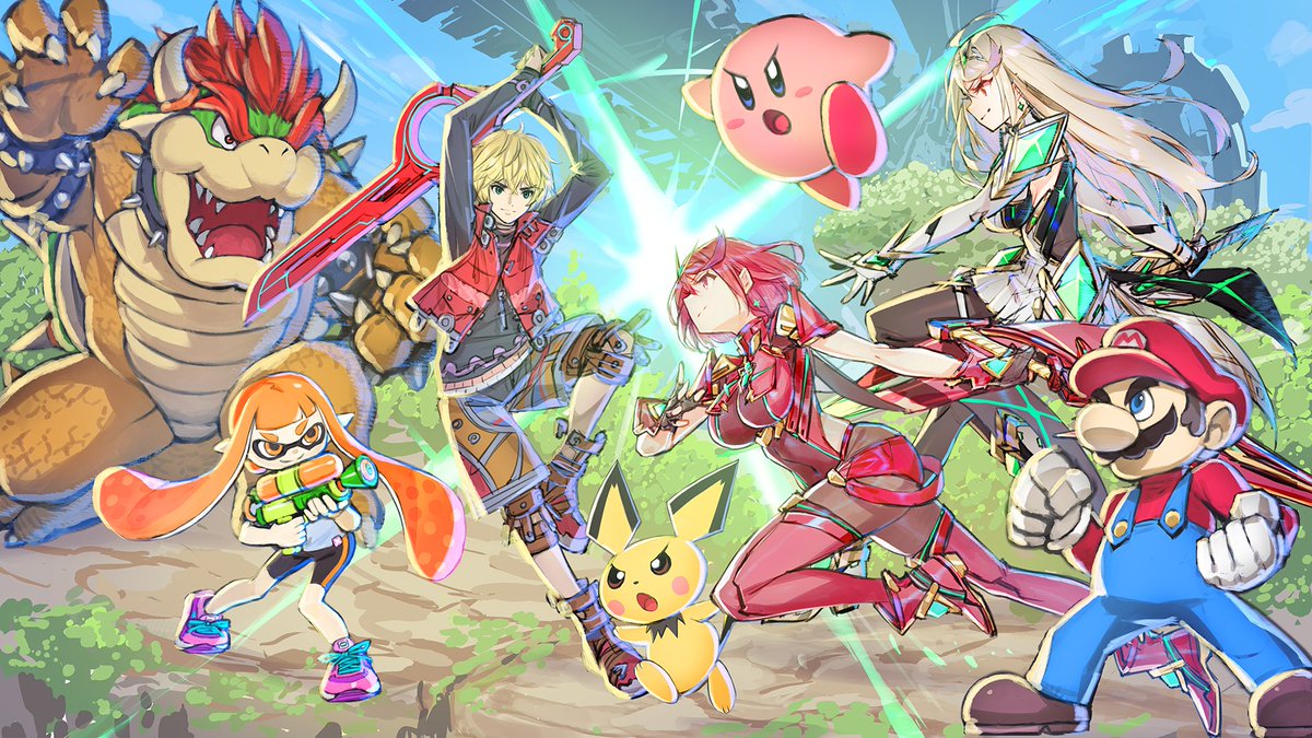 NintendoAmerica's tweet photo. To celebrate the announcement of Pyra/Mythra joining Super #SmashBrosUltimate, here's a special illustration from the original game's character designer Masatsugu Saito! https://t.co/uYoIQEfkA2
