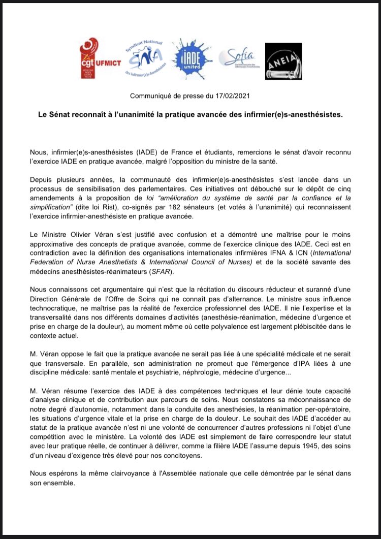 [Communiqué de presse] Le <a href="/Senat/">Sénat</a> reconnaît a l’unanimité la pratique avancée des infirmier(e)s-anesthésistes.
#IADE #PPL #RIST #Senat #PRATIQUEAVANCEE
