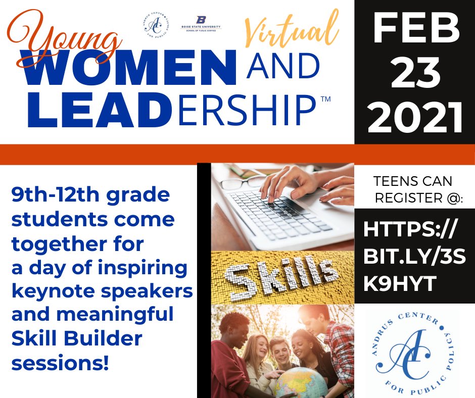 inclusive_idaho's tweet photo. The annual Young Women and Leadership Conference is slated for Tuesday, February 23, 2021 and hosted by Boise State University’s Andrus Center for Public Policy. 

9th -12th grade students are welcome to attend!
Register &amp; request scholarship here: https://t.co/ItDY4FZaPH https://t.co/sqAxyN7kD6