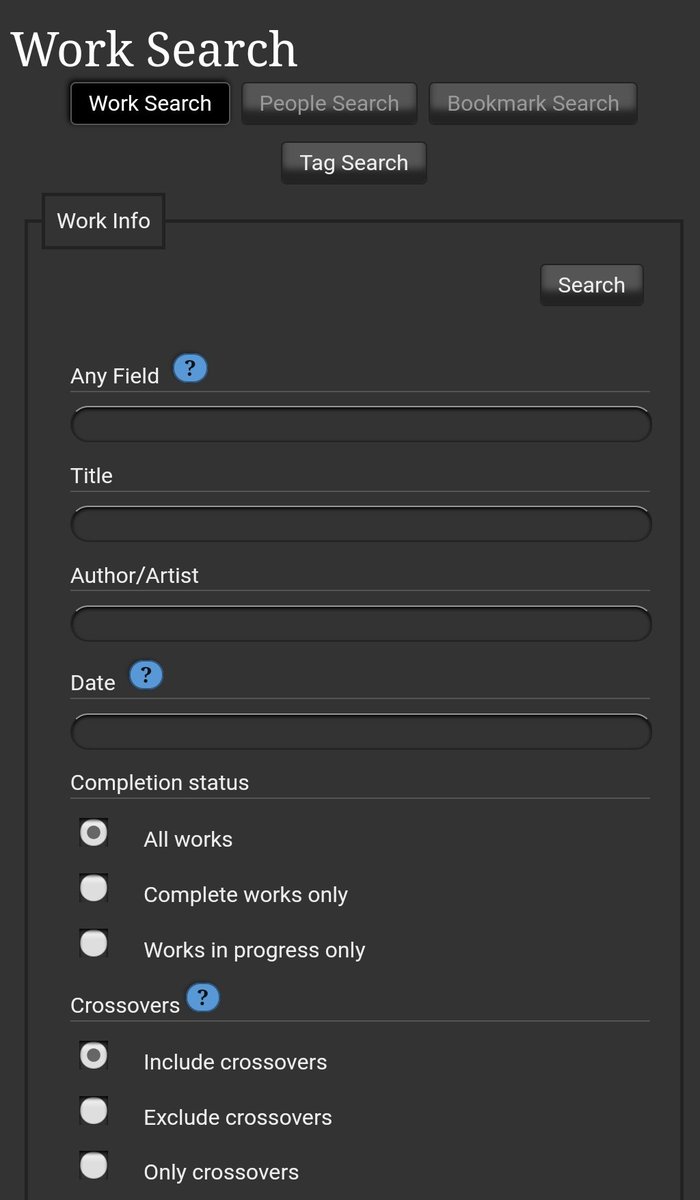 6. Searching works. There are two main methods to search works, here is how to use either.- Work Search: Can find extremely specific works, and allows you to manually type in each tag category. This is the method I use use the most, because it's user friendly and I'm picky.