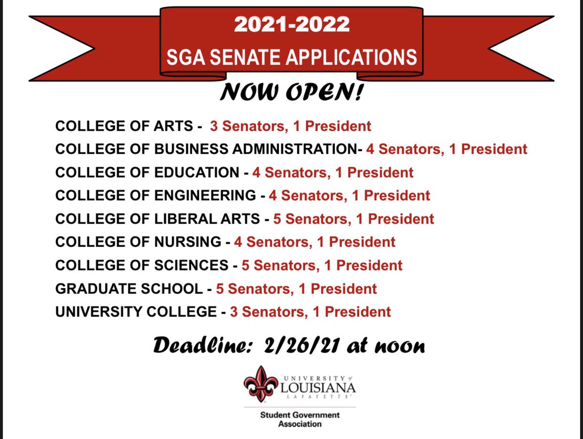 SGA Senate Applications are still available! The deadline for the applications is February 26, 2021 at noon!