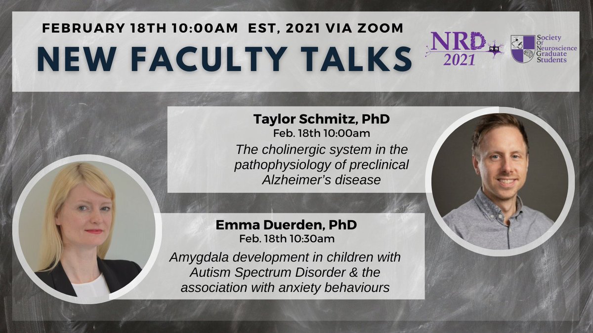 Repost (note time update):

New this year: New Faculty Talks at #NRD2021

We will kick off NRD with talks from two new faculty members to Western Neuro, Dr. Taylor Schmitz <a href="/taylorwschmitz/">Taylor W. Schmitz</a> at 10:00am and Dr. Emma Duerden at 10:30am Tomorrow morning!