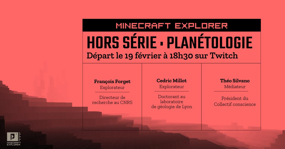 Asso_Conscience's tweet image. Demain 18h30, ne loupez pas le #MinecraftExplorer spécial #Mars2020 où on explorera #Mars avec @TheoRooot, @thibault_brunet et les spécialistes François Forget (@CNRS) et Cédric Millot. #CapSurMars #Mars2020 
twitch.tv/collectifconsc…