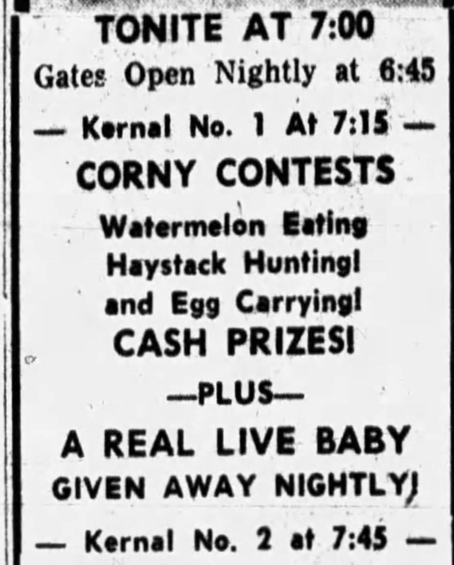Here's an ad from Grand Junction, Colorado, in 1962, promising that they were giving away real live babies *daily*.