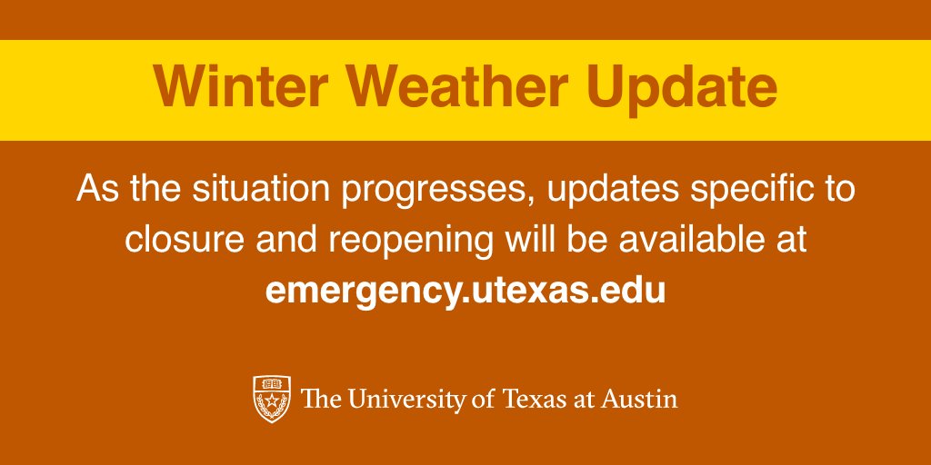 UT campus will remain closed until at least 8 a.m. Monday, February 22

All classes and events, including those that are virtual or online, are canceled through at least 8 a.m. Monday: utex.as/3qIBXad