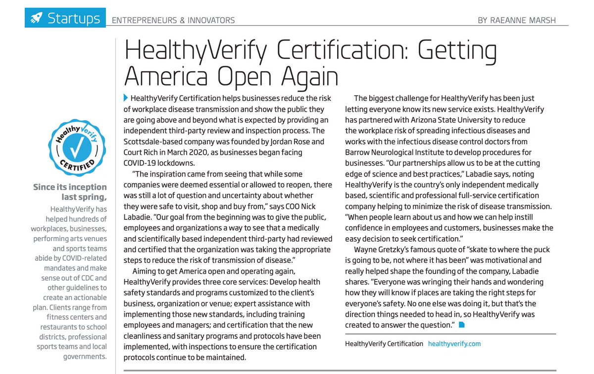 HealthyVCert's tweet image. HealthyVerify Certification is dedicated to minimizing the spread infectious disease and reopening America with protocols that are safer for everyone. Check out this article by inBusiness Magazine with COO Nick Labadie.

Head to healthyverify.com to learn more.