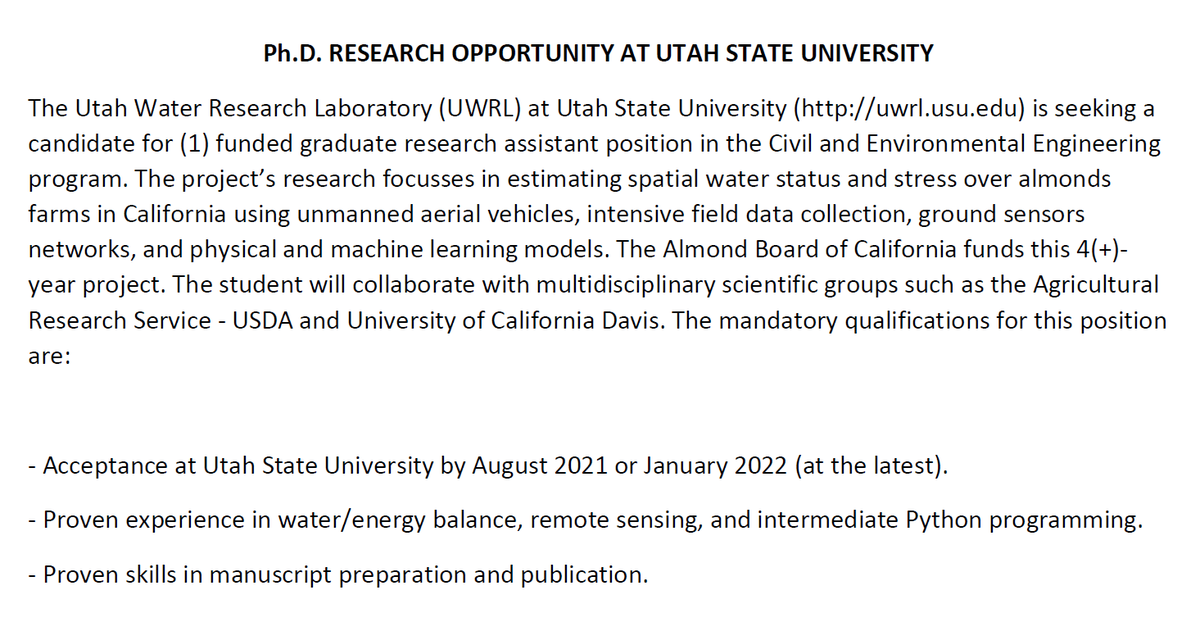 DrAlfonsoTorres's tweet photo. I am looking for a PhD student! We will be working with @USDA_ARS @ucdavis @AggieAirUSU  to estimate #almonds water use and stress at tree level across California. This is a fully-funded position. Contact me at alfonso.torres@usu.edu for more info. https://t.co/PGuAUU0RaO