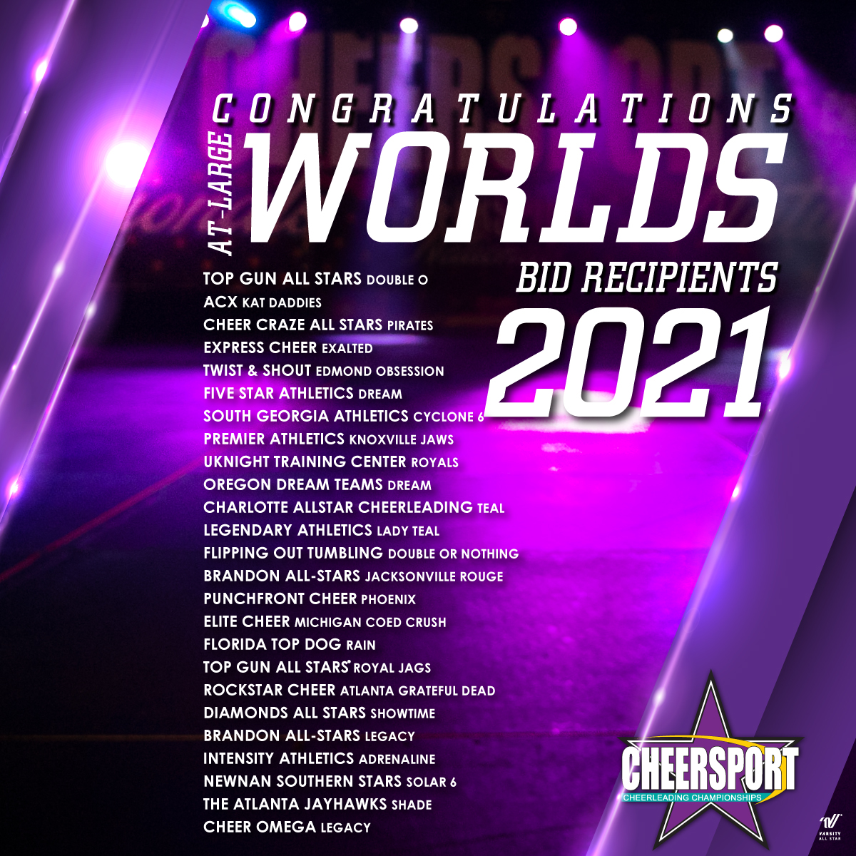 CHEERSPORTCorp's tweet photo. Congratulations to our W🌎RLDS Bid Recipients! We are honored to have you representing CHEERSPORT +#TeamVarsity. #CHEERSPORT21 https://t.co/cy6no1iXxu