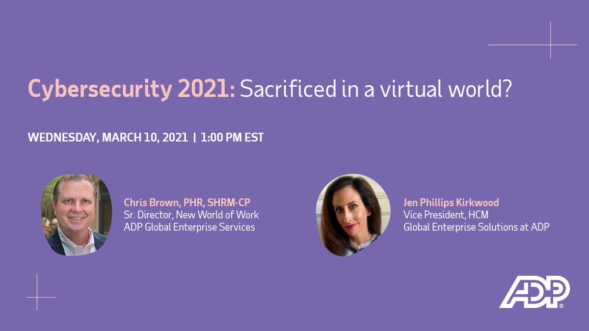 ADP's tweet photo. Are you one of the 60% of organizations that found security gaps as a result of transitioning to remote work? Join our upcoming webinar to learn more about the current security challenges in 2021. Register today: https://t.co/GZq2xBwyCv https://t.co/gKo7j9yffB