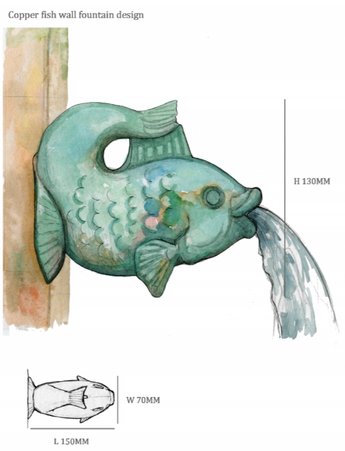 AAofGD's tweet photo. #StudentSpotlight: Beautiful copper fish wall fountain design and plan from a raised perspective by student Kate Nelms, as one of the course assignments. Well done! 👏🌱✍️

#gardendesign #gardening #gardenillustration #AAOGD https://t.co/YbrWcSb2ys