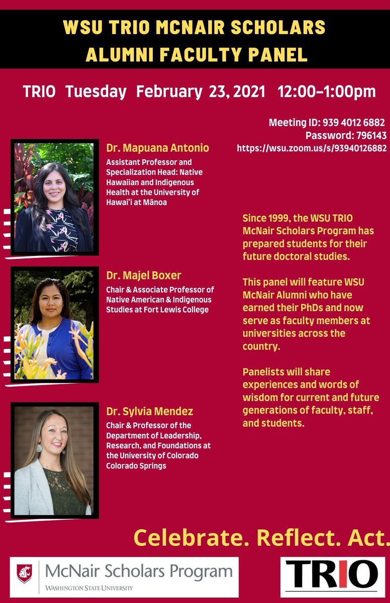 Looking forward to chatting with Dr. Antonio, Dr. Boxer, and Dr. Mendez at our TRIO McNair Alumni Panel. #McNair #Roadtoresearch #WSUAlumni #GoCougs #TRIO @uhmanoa @FLCDurango #ColoradoSprings