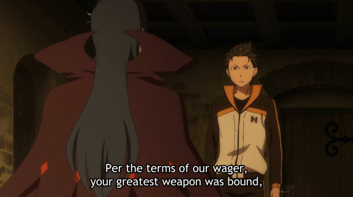This is also the first time Roswaal actually felt his ideals threatened, gradually losing his cool throughout the scene. His attack on Subaru is aimed at his self-worth beyond Return by Death, without which he is "less than ordinary" — but that's an issue Subaru overcame in EP38.