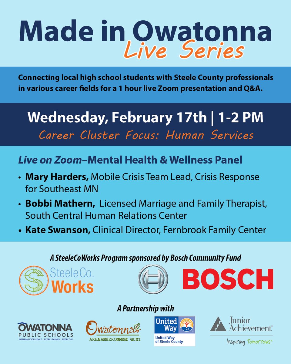 Thanks to all who attended and presented during our final Made in Owatonna Live Winter Series! Check out our virtual series here: sites.google.com/.../20202021-m…
<a href="/Owatonna761/">Owatonna Public Schools</a> <a href="/OwatonnaChamber/">Owatonna Chamber</a> <a href="/steelecoworks/">SteeleCoWorks - Anisha Zak</a> <a href="/UWSteeleCounty/">United Way of Steele County</a>